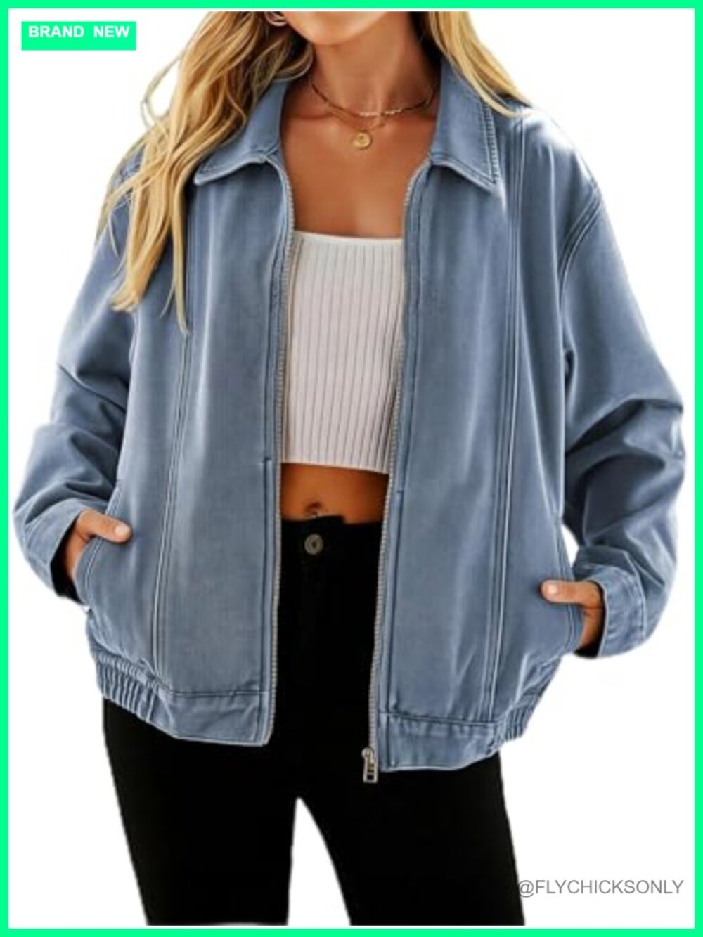 Womens Denim Jacket Zip Up Relaxed Fit Jean Coat Spring Fall